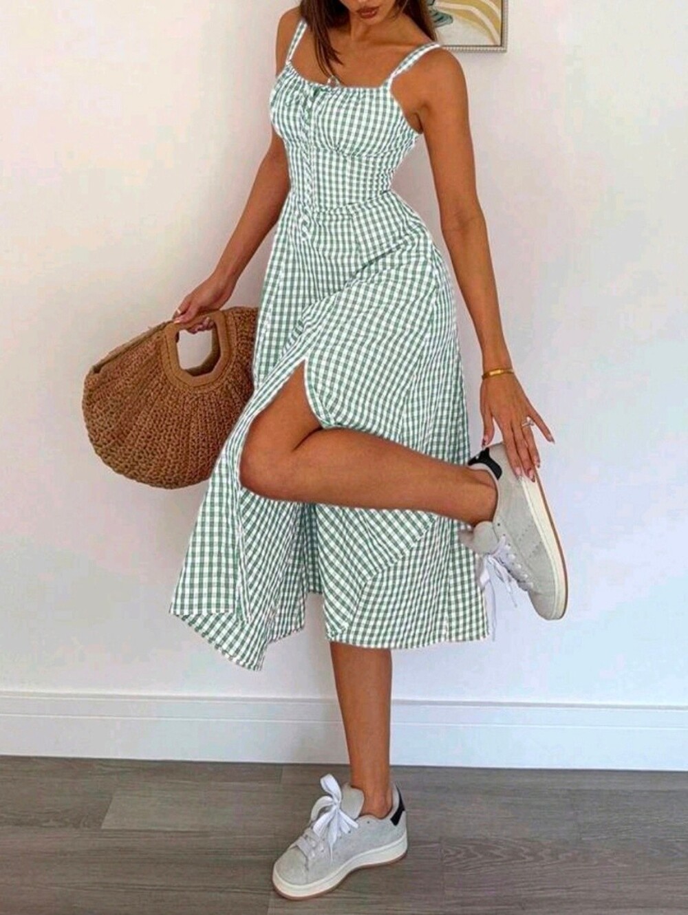 New Gingham Lace Up Back A Line Midi Dress Green White Cotton - Picture 3 of 6